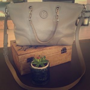 Tory Burch Chain Link Satchel Taupe and Silver